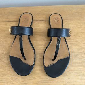 100% Authentic Black Tory Burch T-Strap Sandals with Gold Hardware, size 39